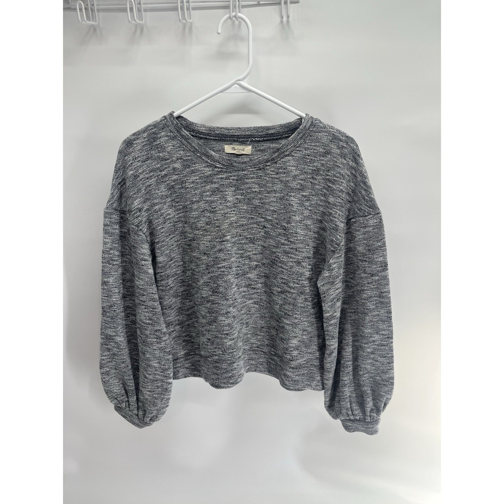 Madewell crewneck sweatshirt gray marled slub‎ knit balloon sleeves cropped  M